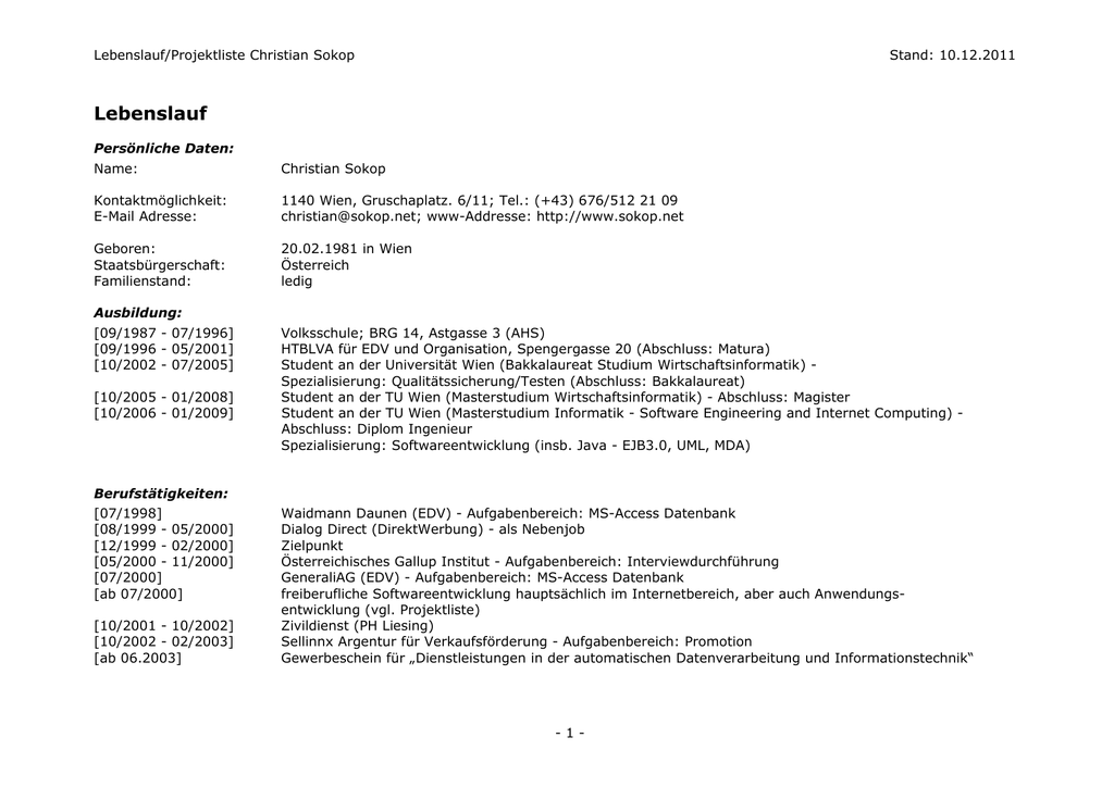 Lebenslauf Projektmanager Projektliste