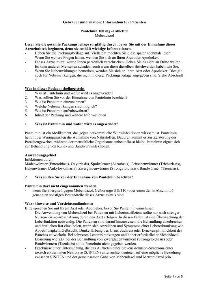 Gebrauchsinformation Information für Patienten Pantelmin 100 mg