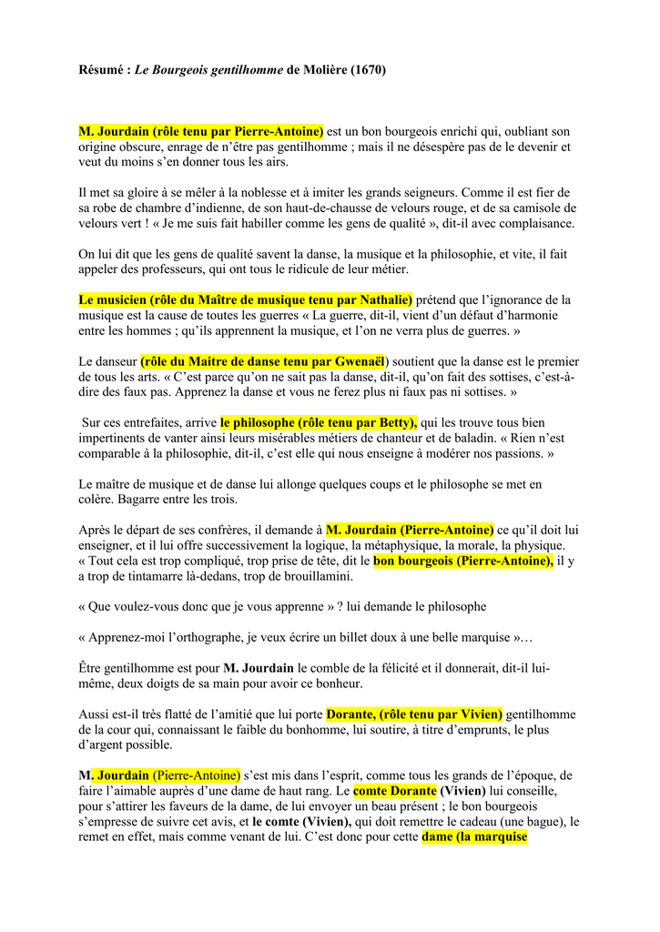 Résumé Le Bourgeois gentilhomme de Molière (1670) M. Jourdain