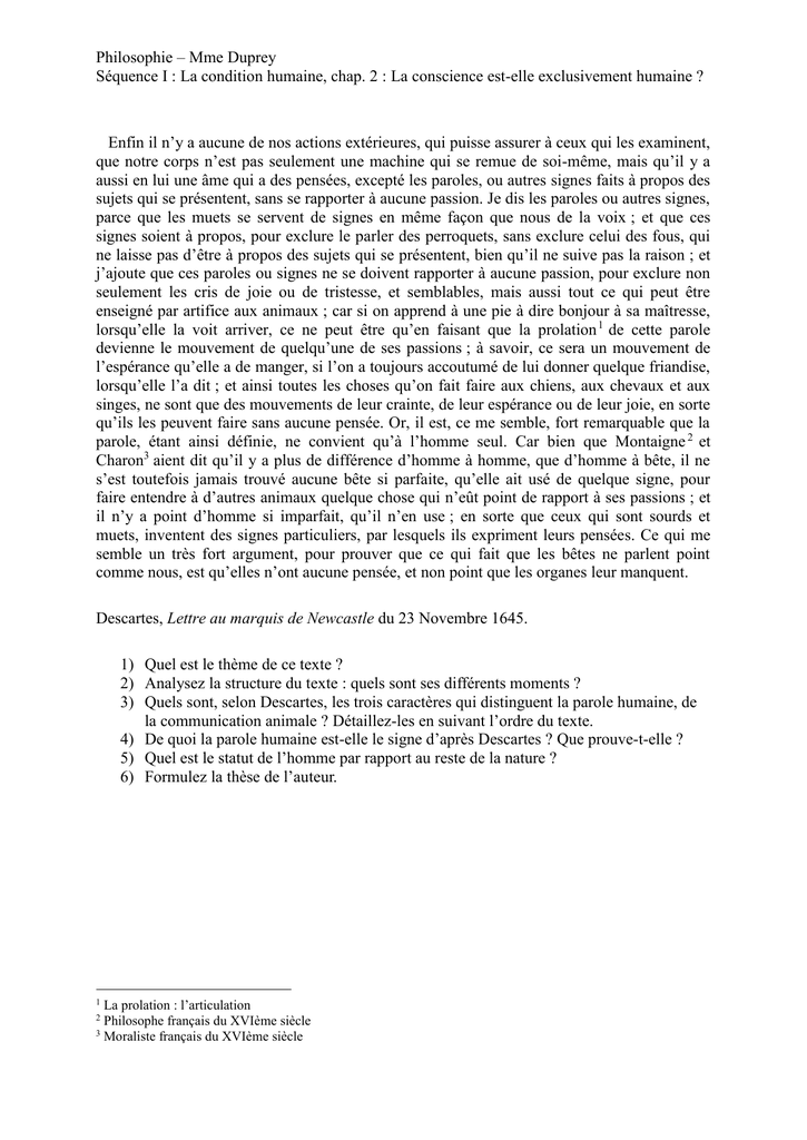 Descartes, Lettre au marquis de Newcastle du 23 Novembre 1645.