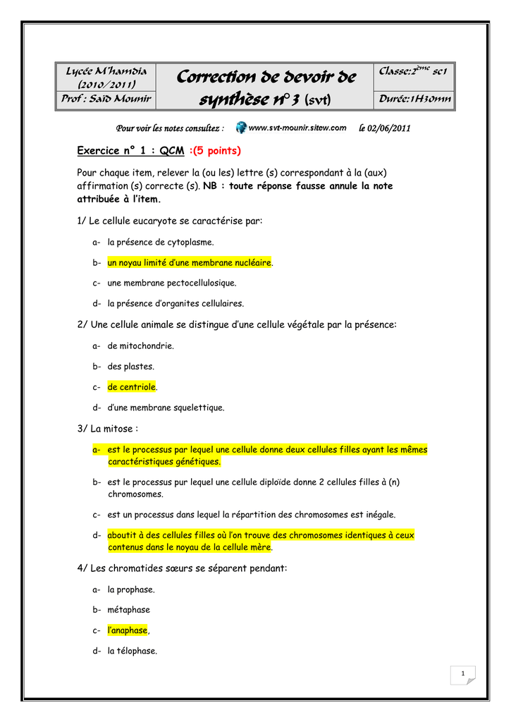 Correction de devoir de synthèse n°3 svt
