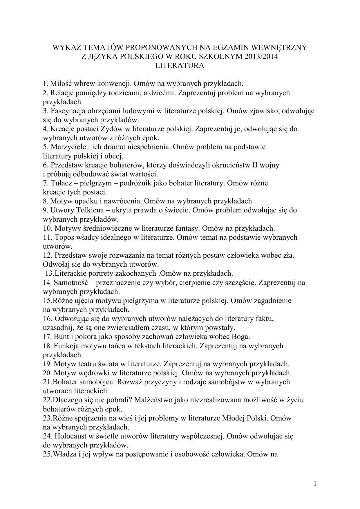 wykaz tematów proponowanych na egzamin wewnętrzny