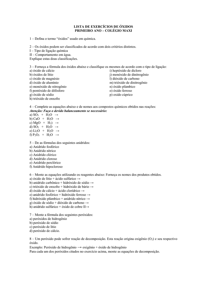 lista de exercícios de óxidos