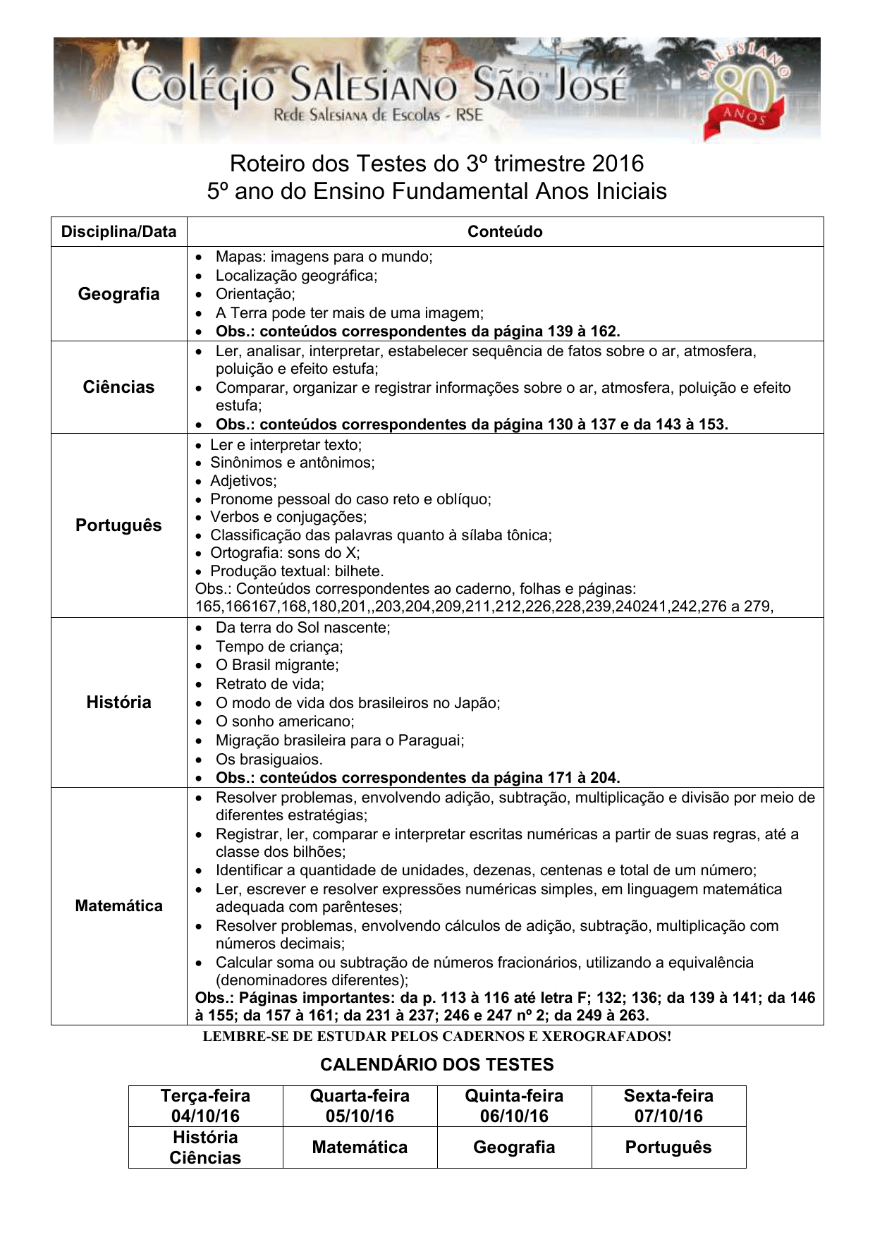Roteiro dos testes 3º trimestre FI