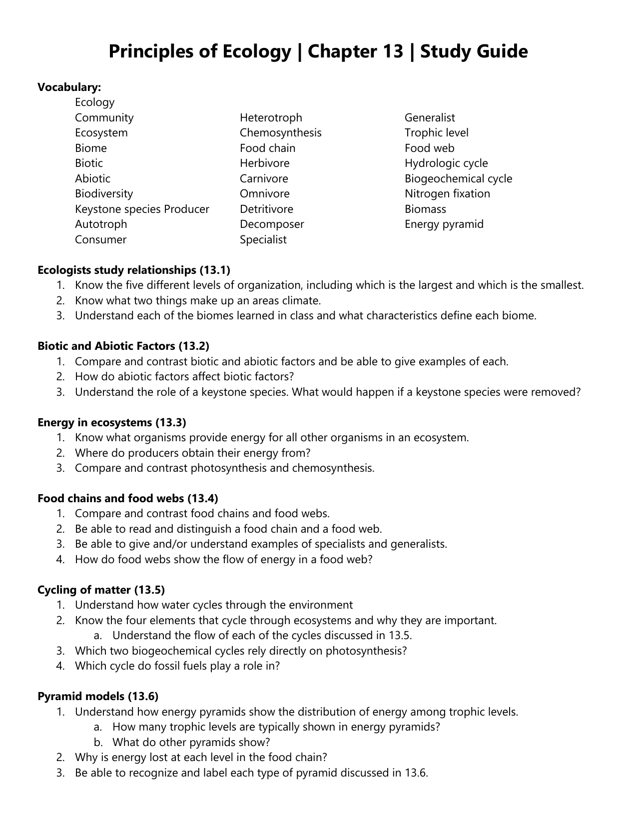Chapter 13 Principles Of Ecology Study Guide Answers Study Poster