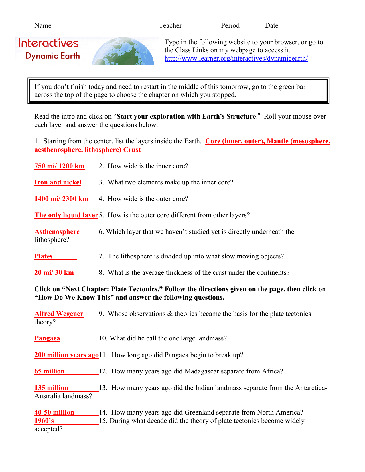 The Dynamic Earth Worksheet