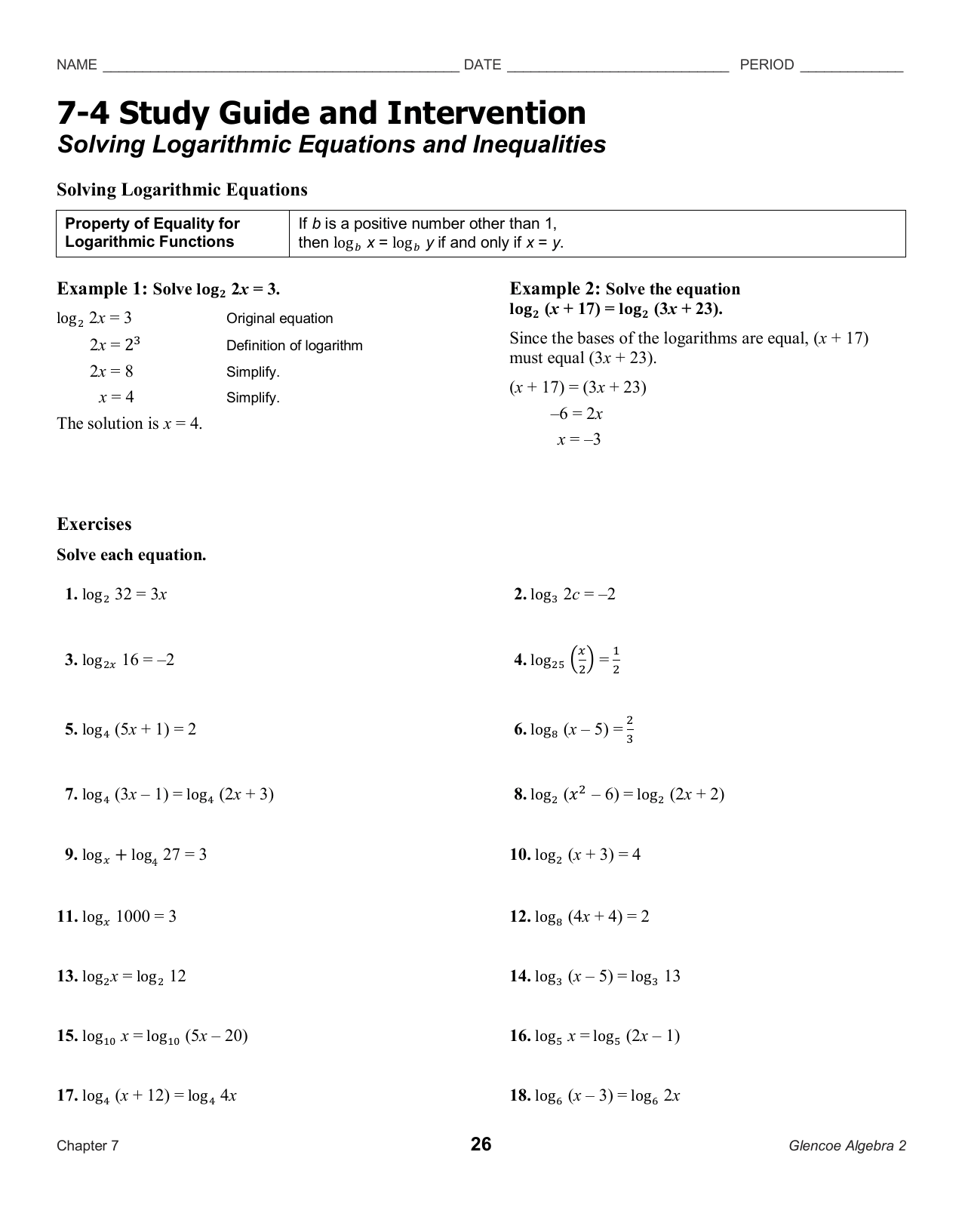 Logarithmic Equations Worksheet With Answers – E-streetlight.com