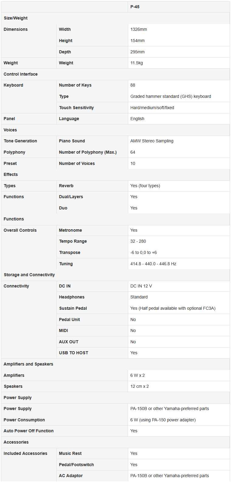 Yamaha P-45 88-Keys Digital Piano (P45 / P 45)