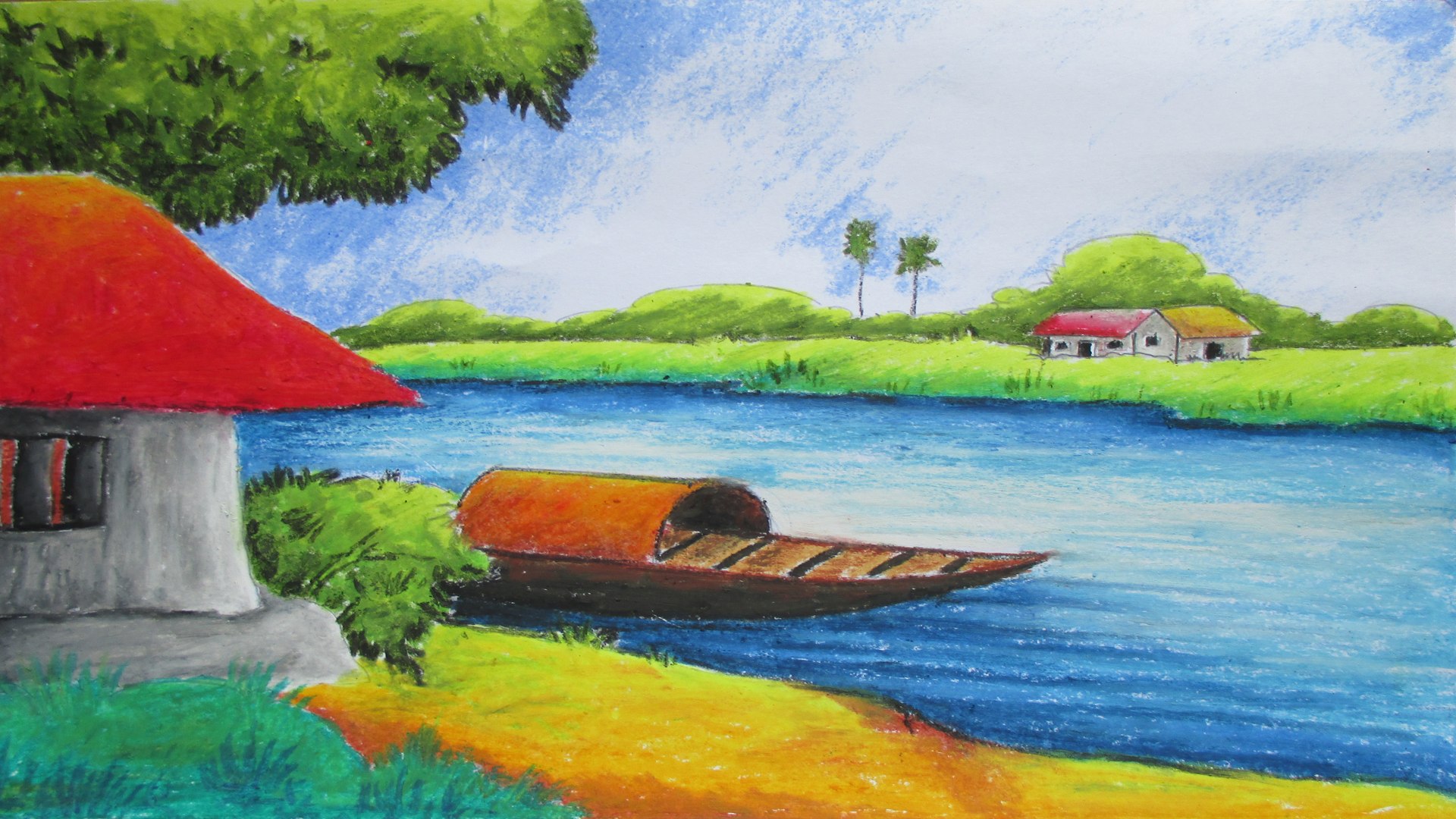 Oil Pastel Drawing Of Landscape Contrast lake landscape oilpastel park photoreference sun