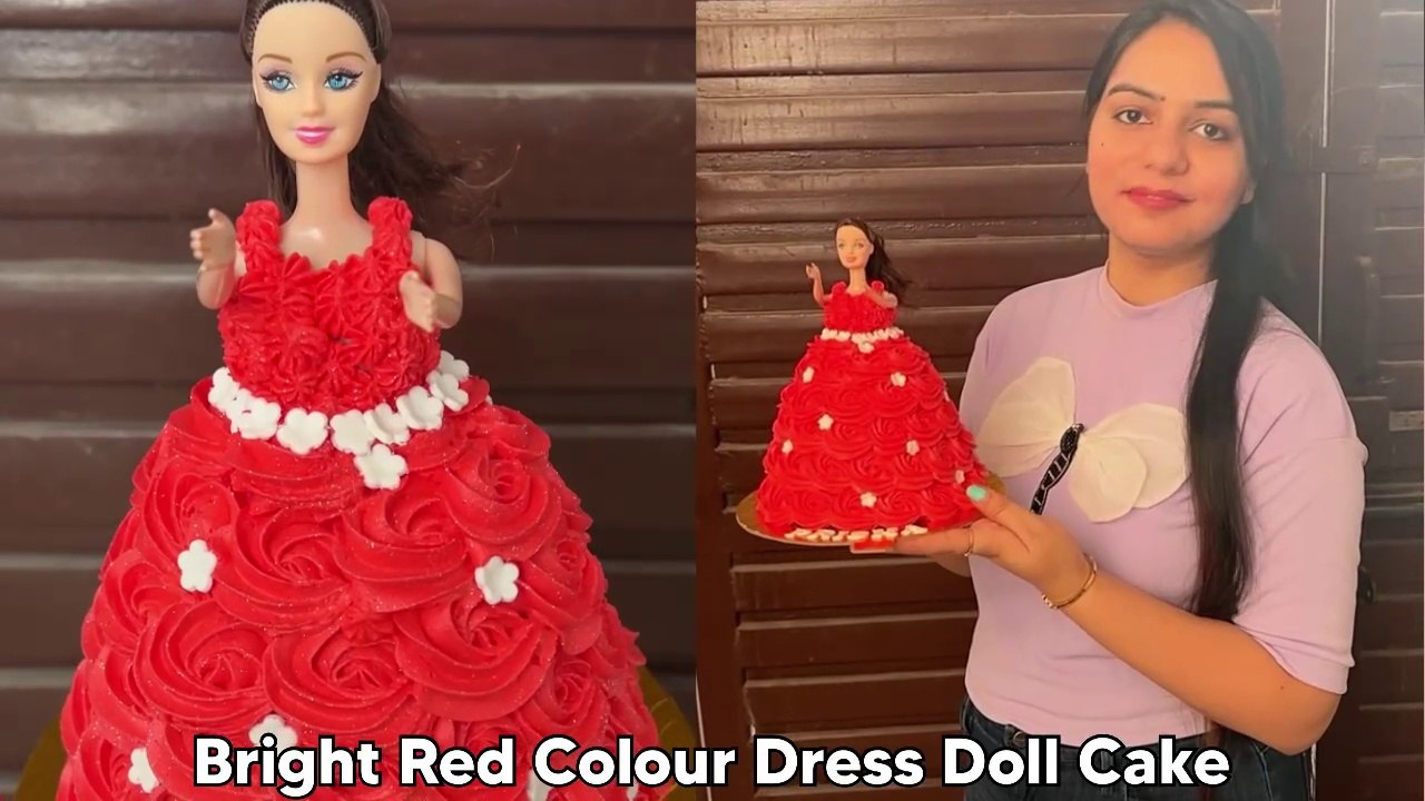 Cute Princess Cake Barbie Doll Wala Cake Dark Red Colour Ki Cream