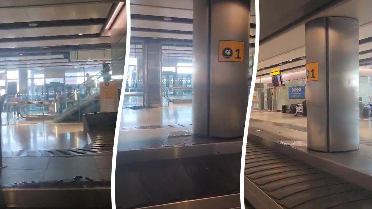 "Sewage" water dripping over arrivals baggage area at Heathrow Airport