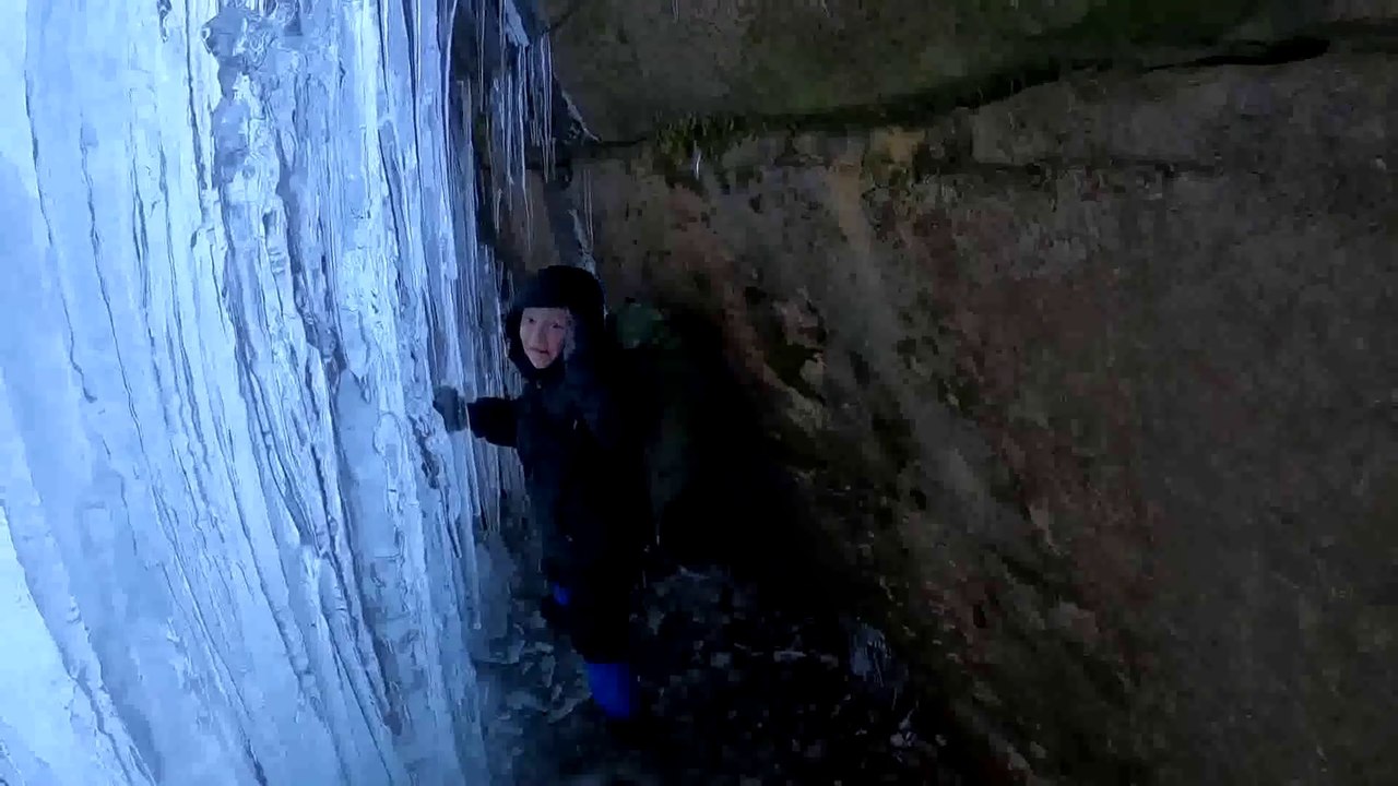 Winter Camping Under Frozen Waterfall in Survival Shelter Hot Tent