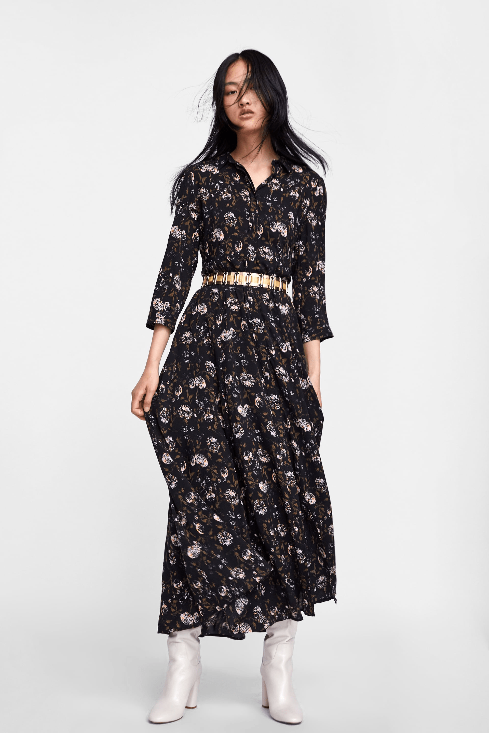 Zara + Floral Print Shirt Dress
