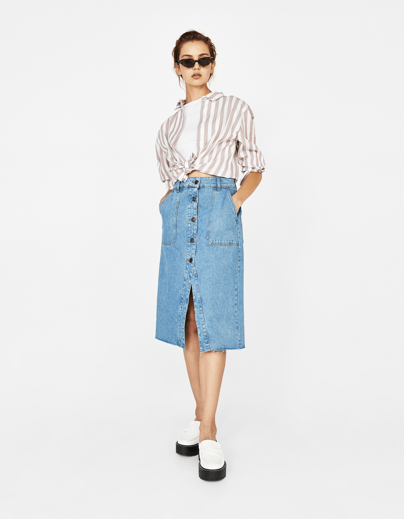 Bershka + Midi ButtonUp Denim Skirt