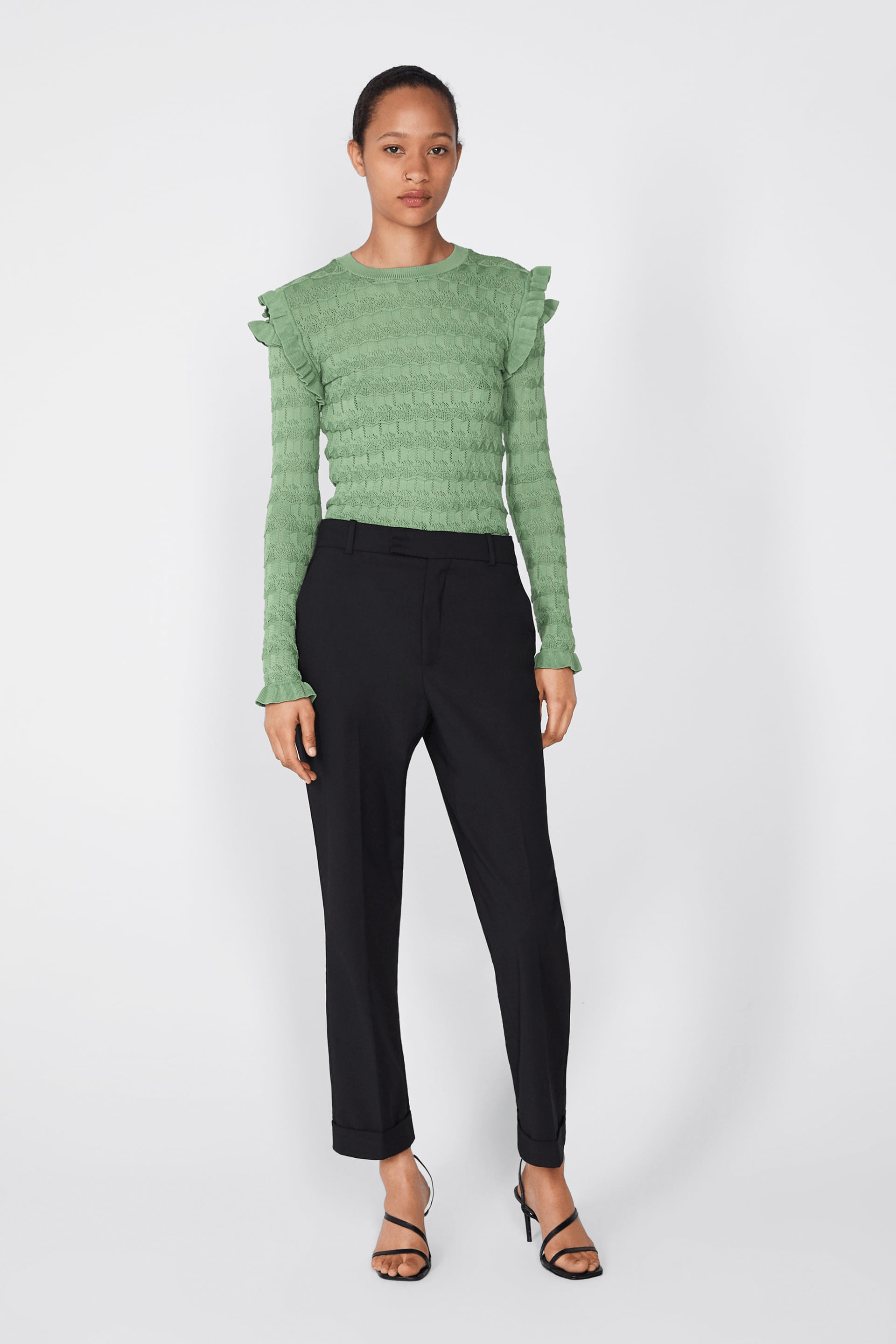 Zara + Textured Weave Sweater With Ruffles