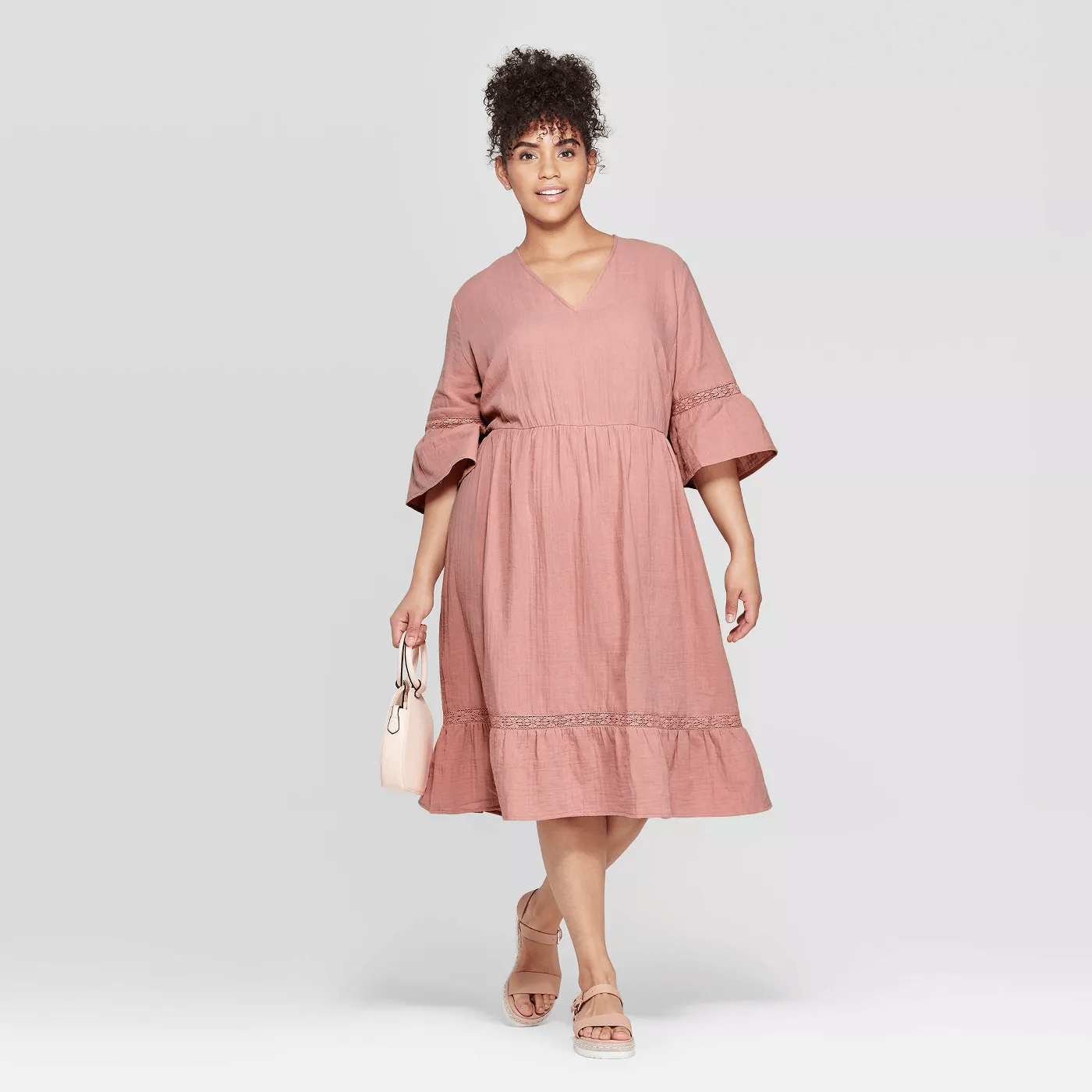 Ava & Viv + Plus Size Elbow Sleeve VNeck Crochet Trim Dress