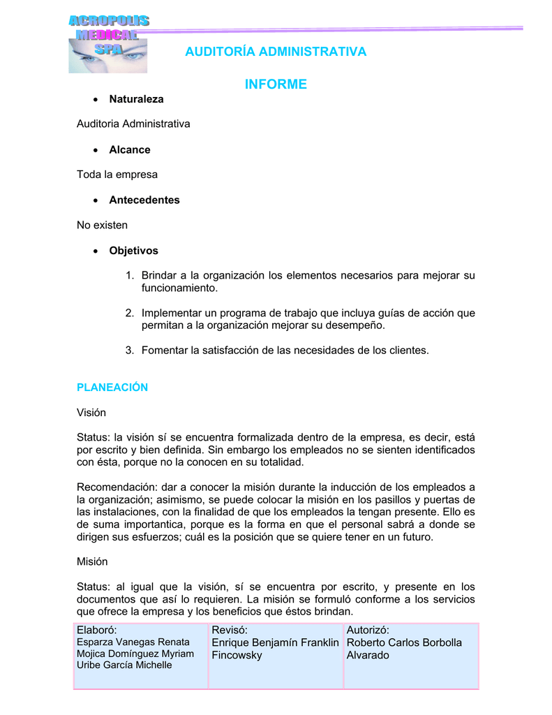 ejemplo de informe en auditoria administrativa