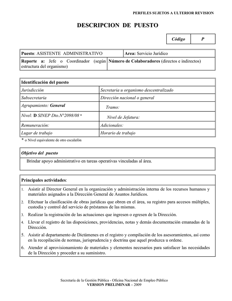 DESCRIPCION DE PUESTO