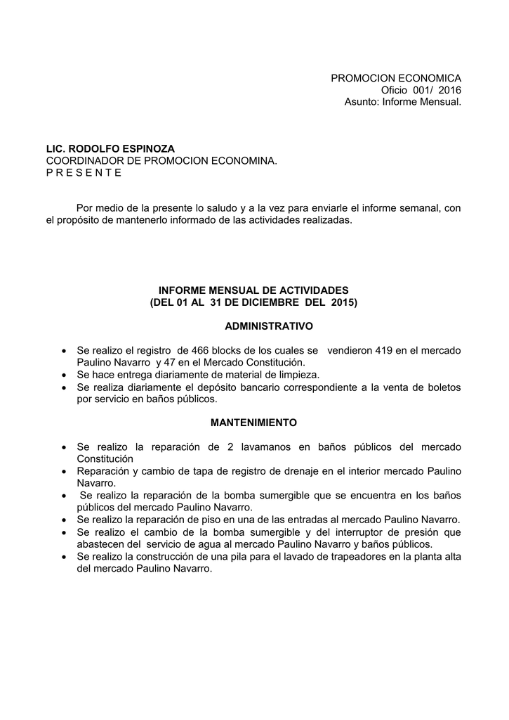 PROMOCION ECONOMICA Oficio 001/ 2016 Asunto Informe