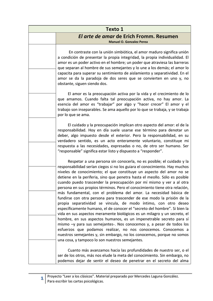 Texto 1 El arte de amar de Erich Fromm. Resumen