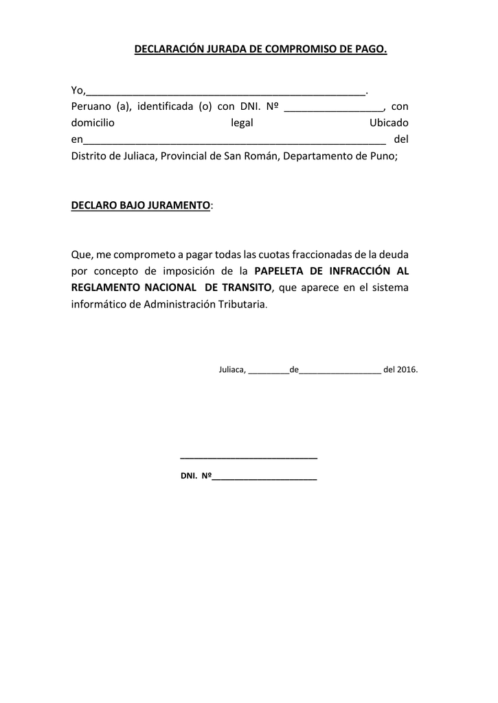 DECLARACIÓN JURADA DE COMPROMISO DE PAGO. Yo