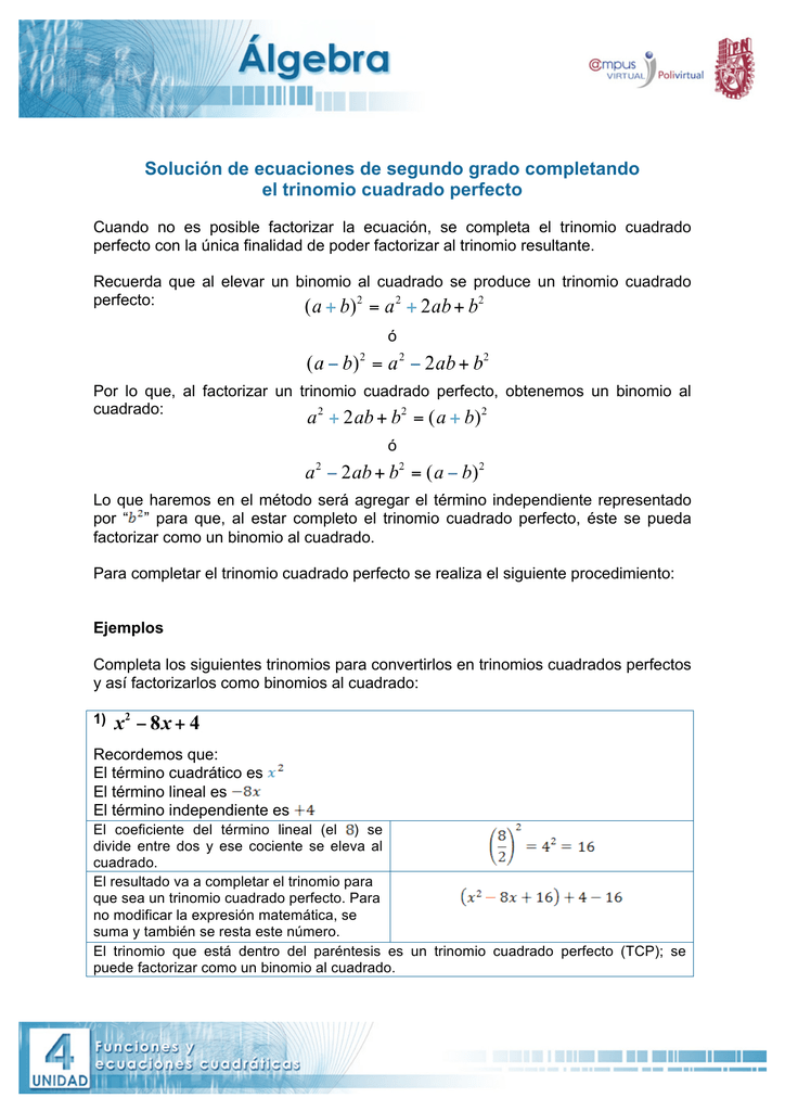 Solución de ecuaciones de segundo grado completando el