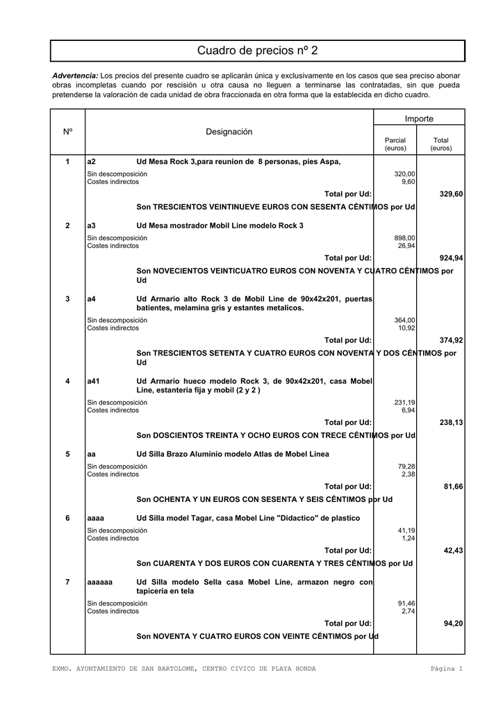 Cuadro de precios nº 2 Ayuntamiento de San Bartolomé