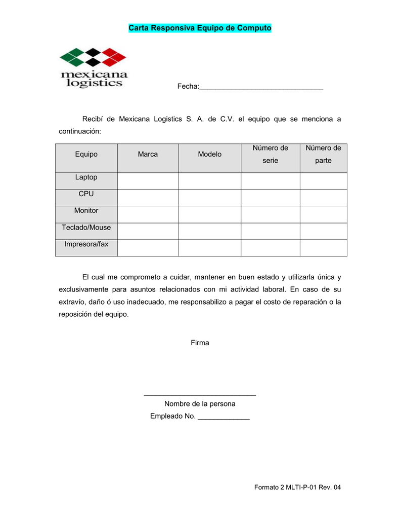 Ejemplo Carta Responsiva De Equipo De Computo Ejemplo