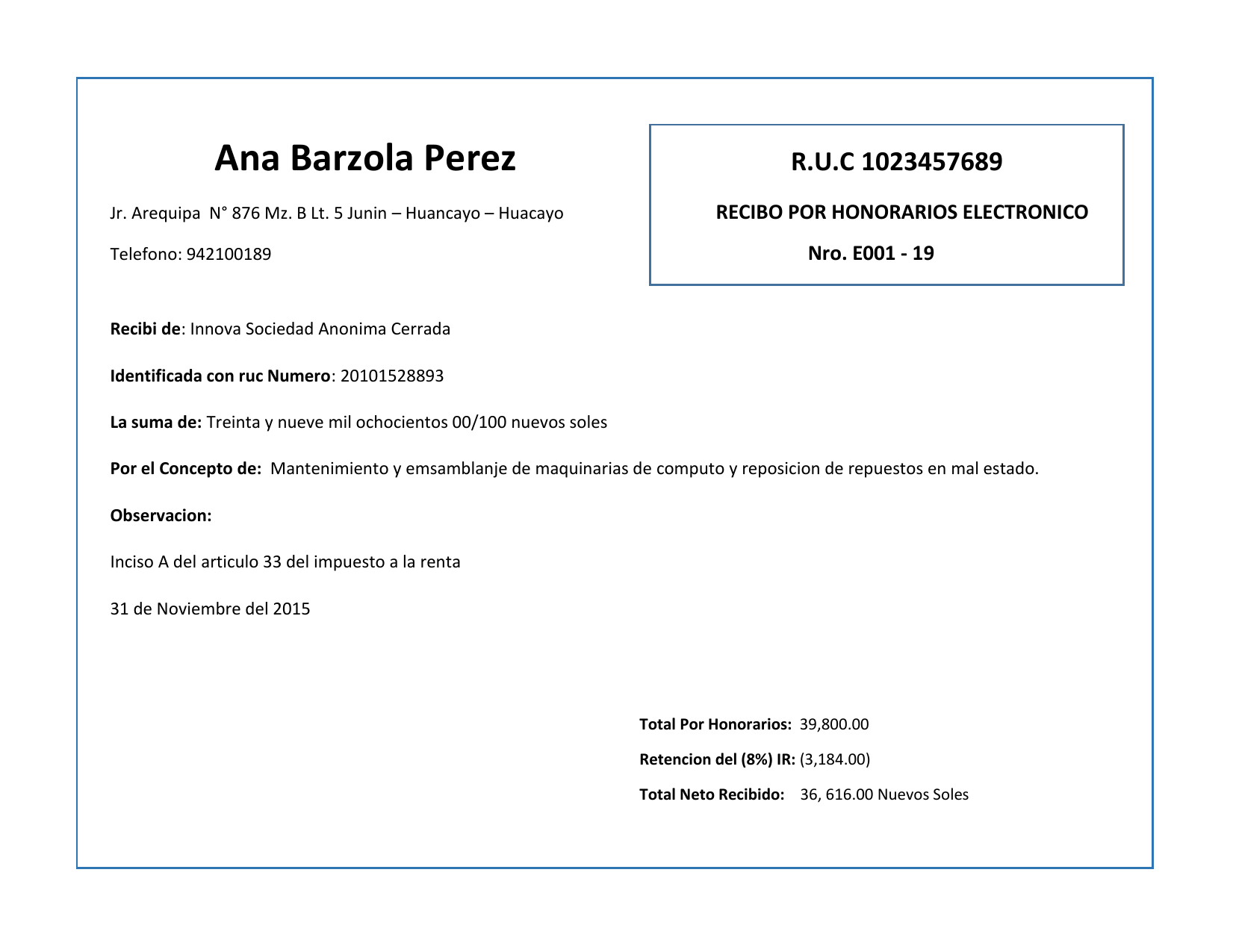 Recibo por honorarios modelo