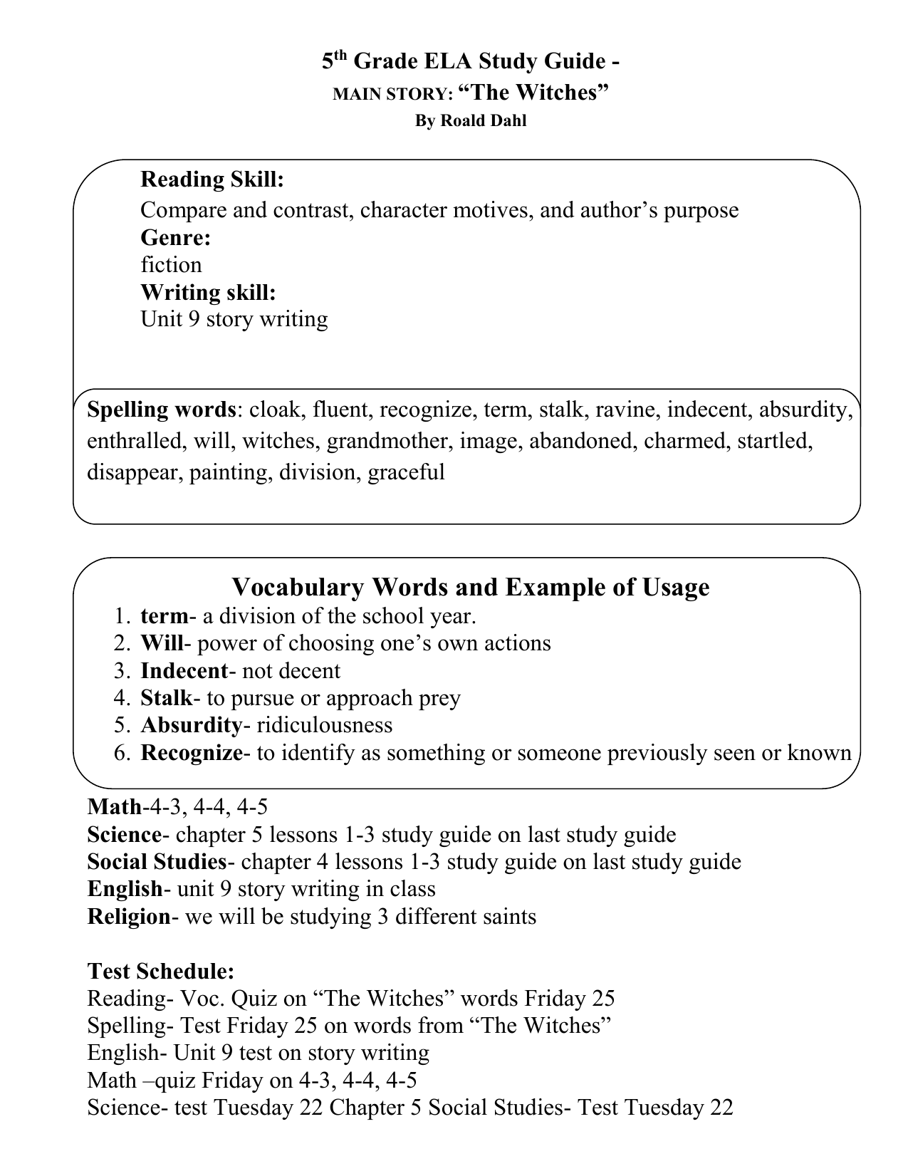 5 th Grade ELA Study Guide