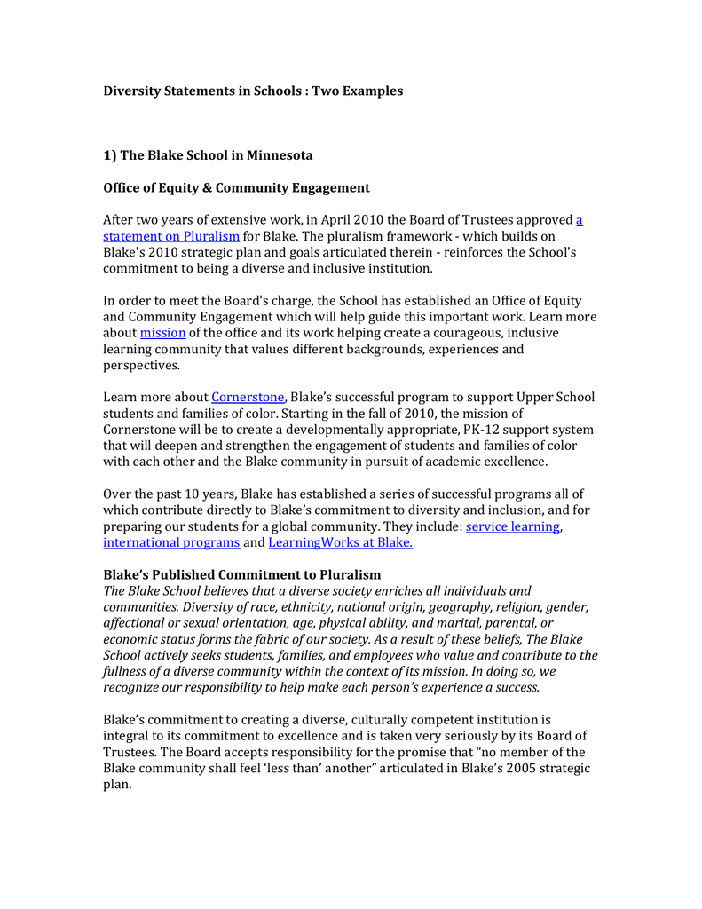 Diversity Statements in Schools Two Examples AISBMC