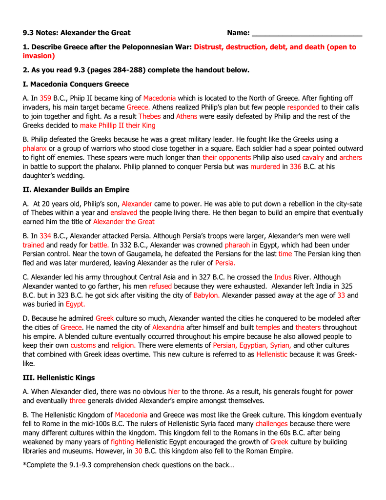 9.3 Notes Alexander the Great Name 1. Describe Greece after the