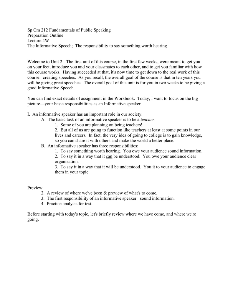 Sp Cm 212 Fundamentals of Public Speaking Preparation Outline Lecture 4W