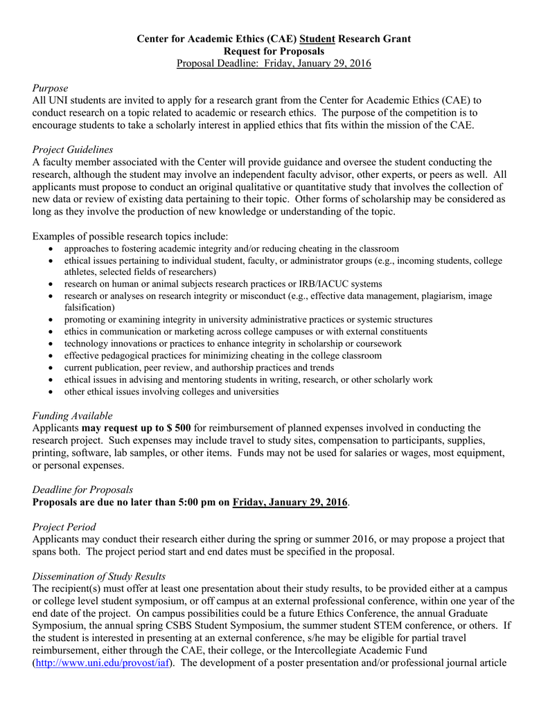 Center for Academic Ethics (CAE) Student Research Grant Request for