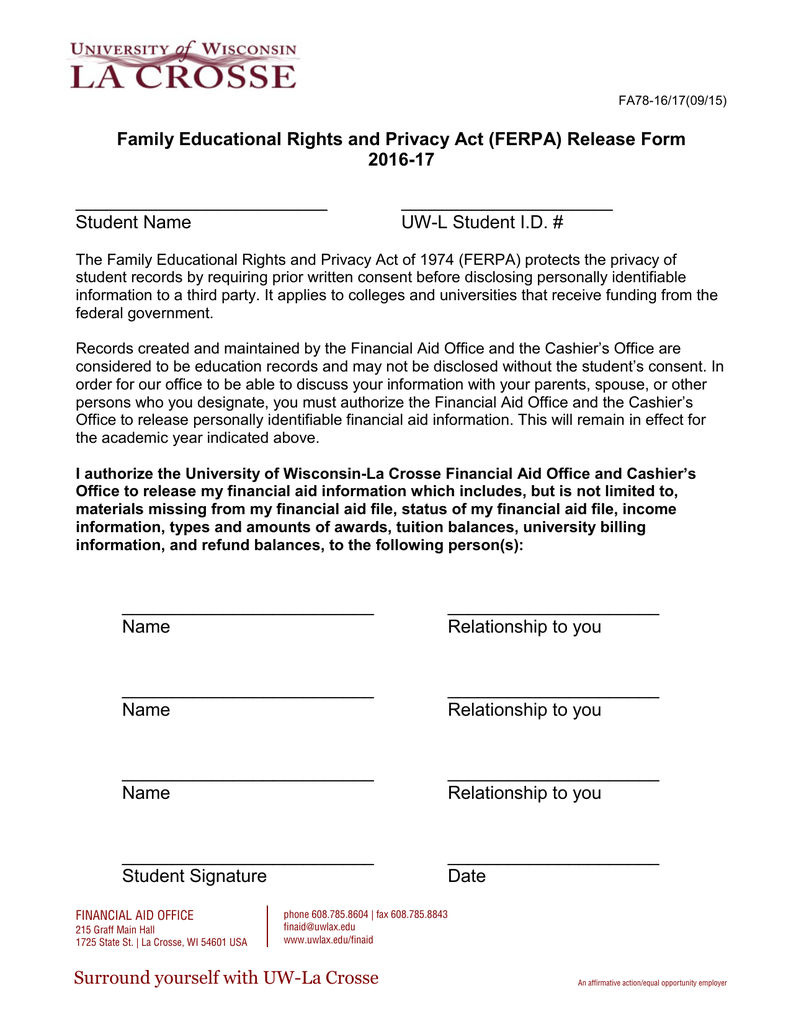 Family Educational Rights and Privacy Act (FERPA) Release Form 201617