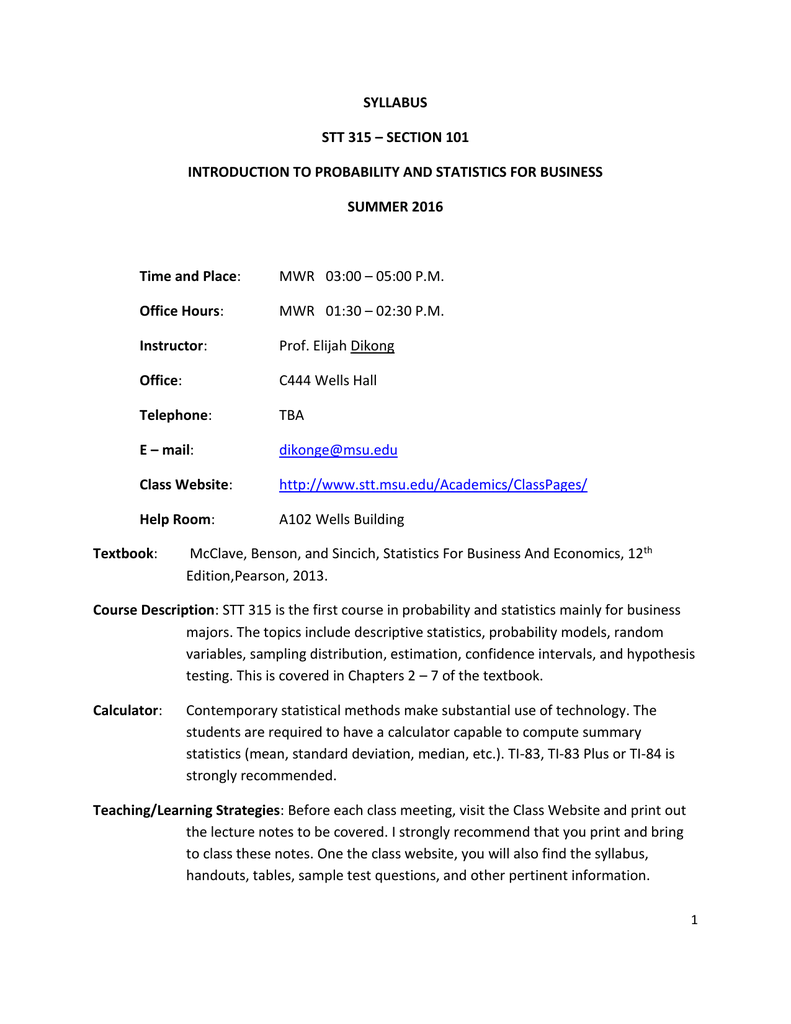SYLLABUS STT 315 SECTION 101 SUMMER 2016