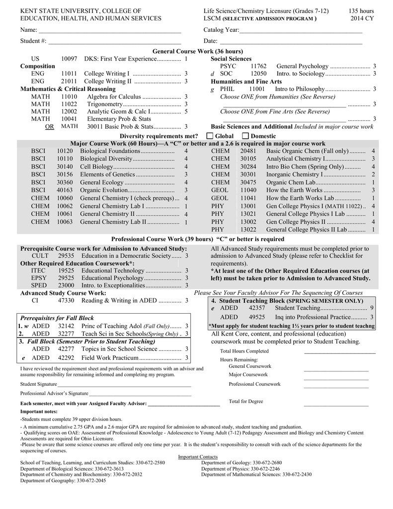 KENT STATE UNIVERSITY, COLLEGE OF Life Science/Chemistry Licensure