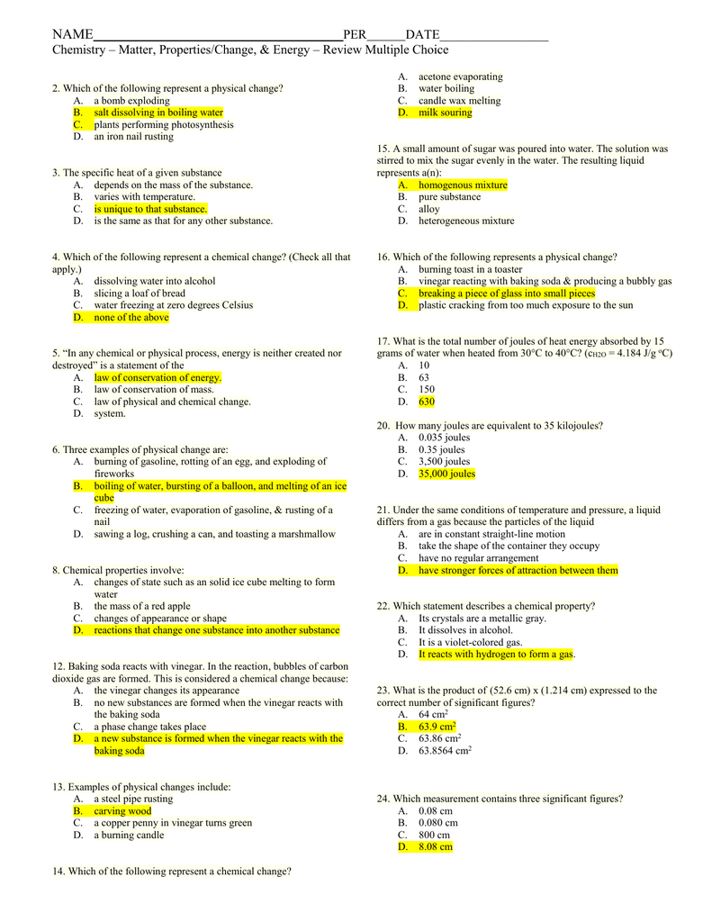 Name Per Date_________________ Chemistry – Matter, Properties/Change, &Amp; Energy – Review Multiple Choice