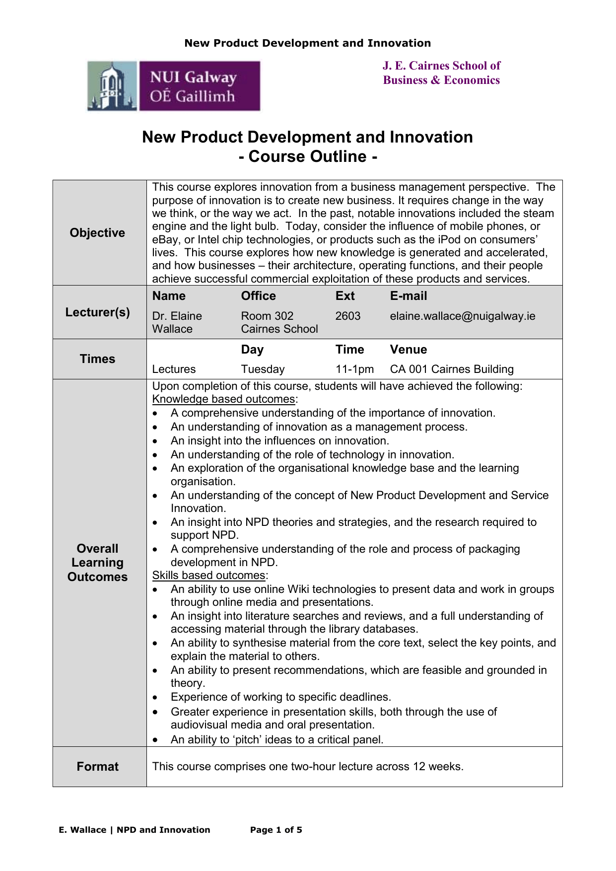 New Product Development and Innovation Course Outline