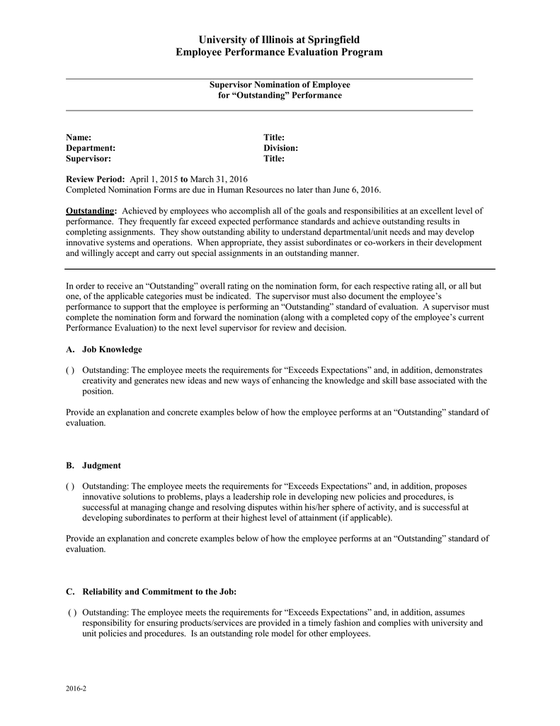 Supervisor Nomination of Employee for Outstanding