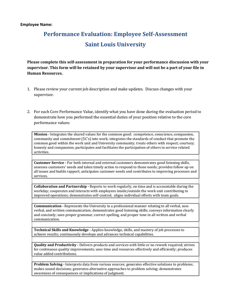 Employee Performance Evaluation Self Assessment