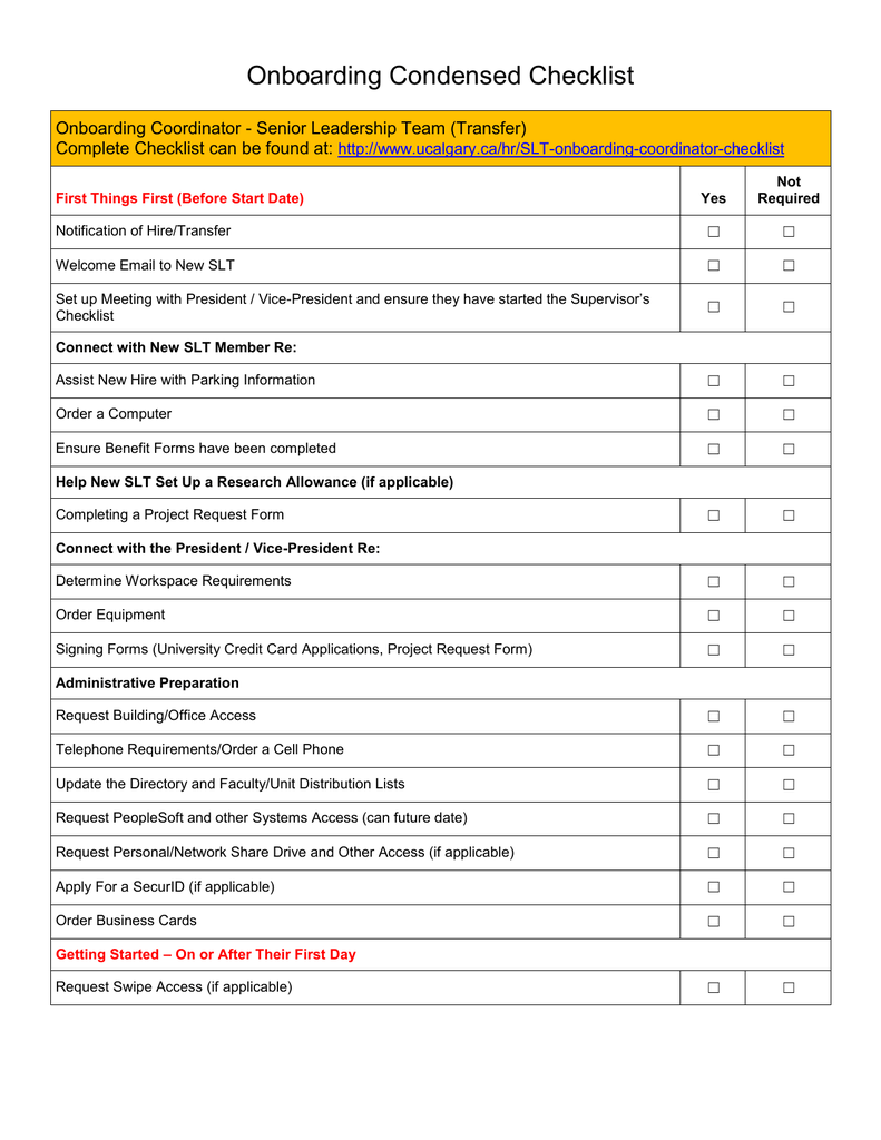 Onboarding Condensed Checklist Onboarding Coordinator Senior