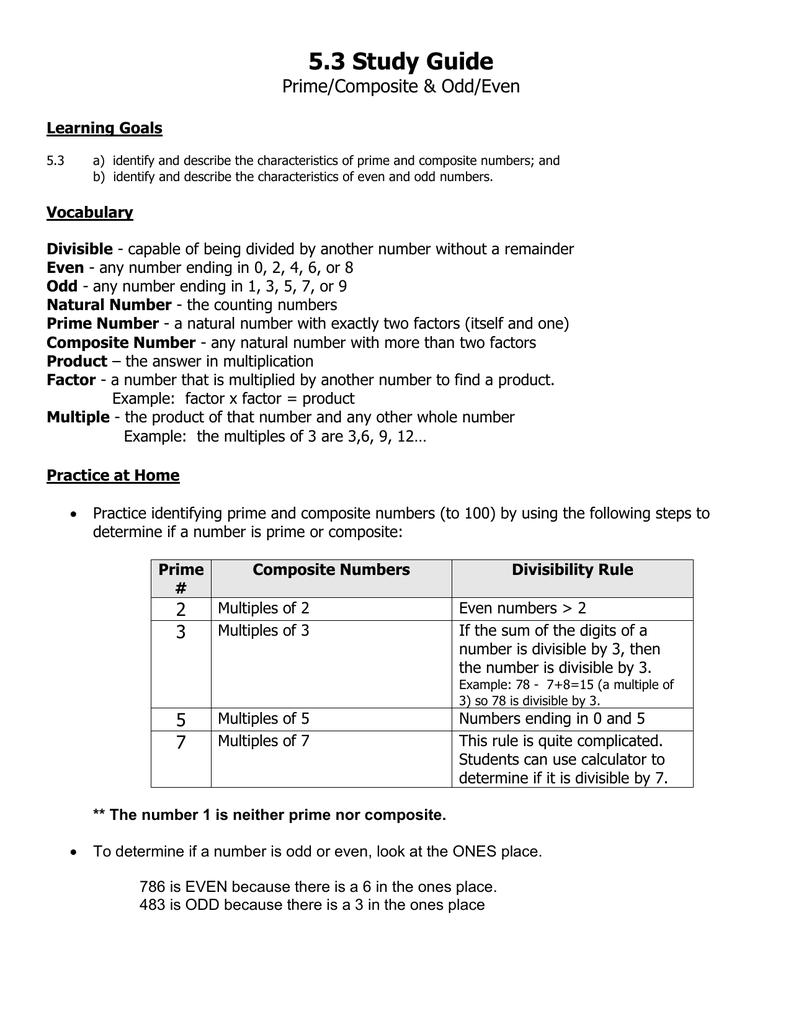5.3 Study Guide & Odd/Even Learning Goals