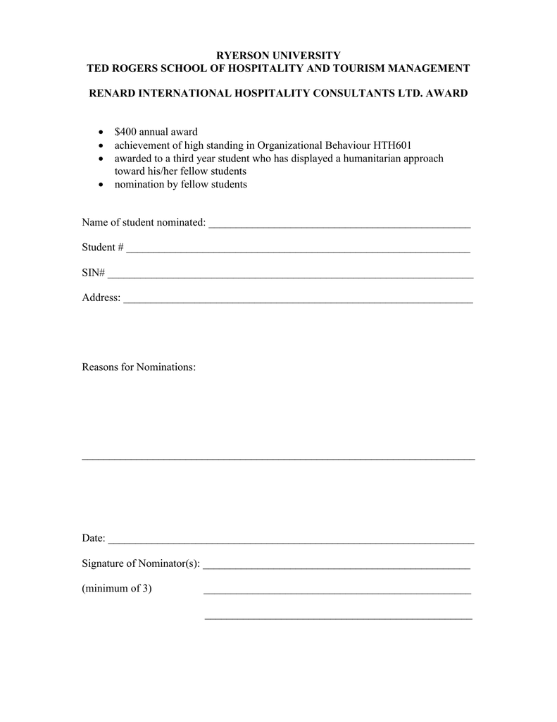 RYERSON UNIVERSITY TED ROGERS SCHOOL OF HOSPITALITY AND TOURISM MANAGEMENT