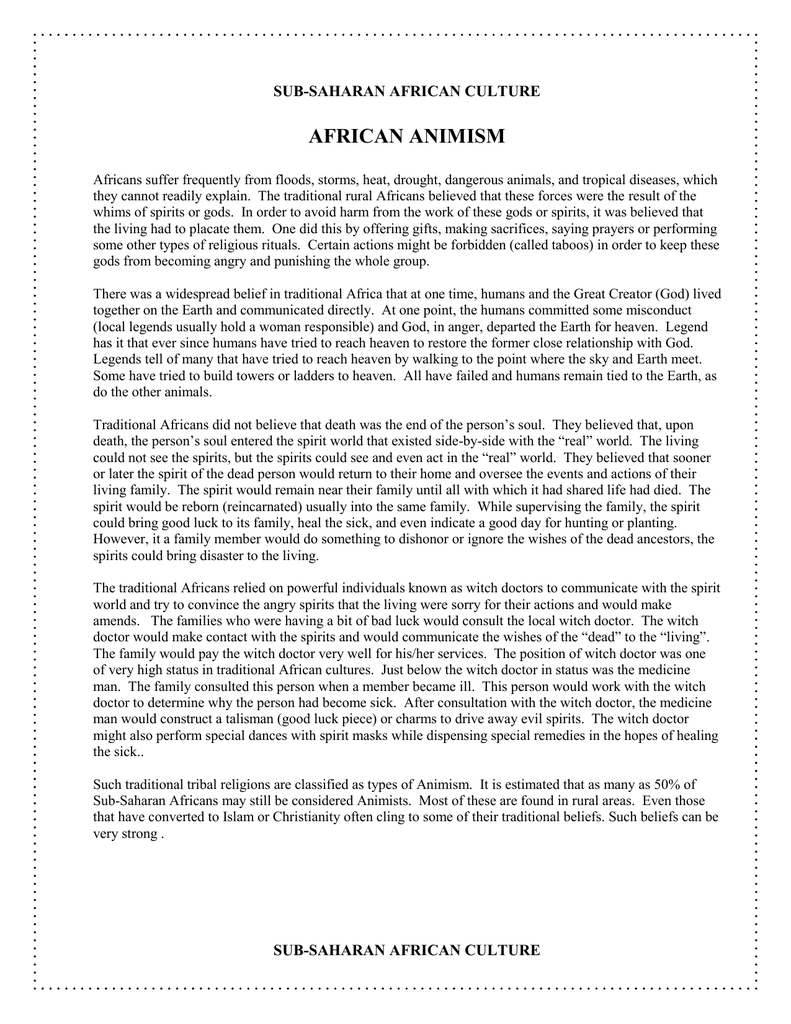 African Animism Sub Saharan African Culture