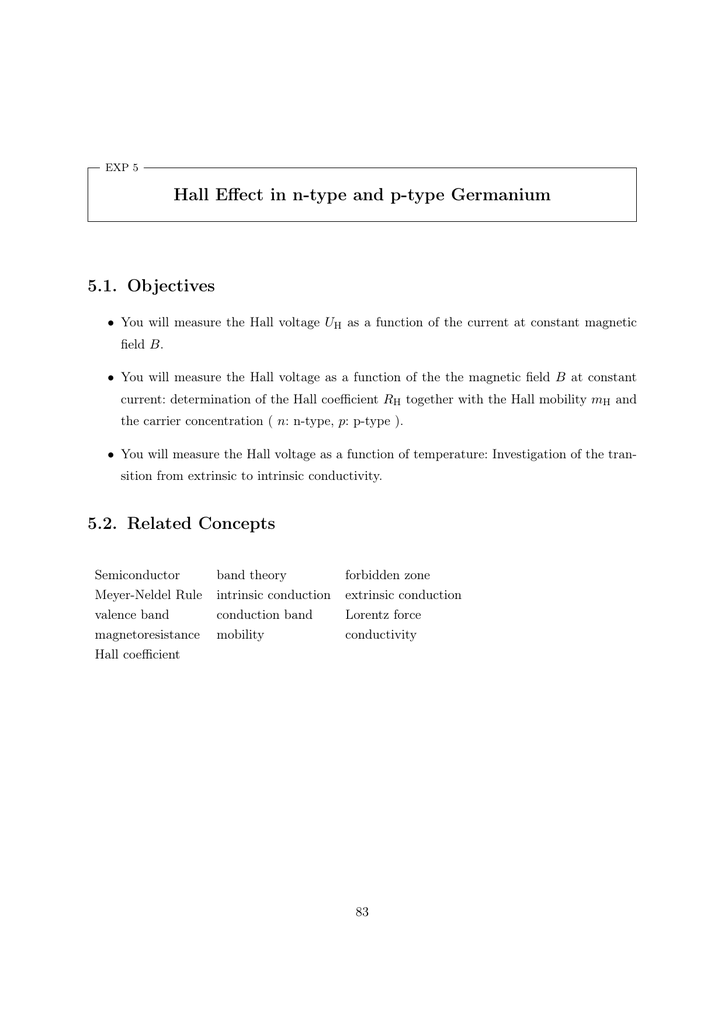 Hall Effect in ntype and ptype Germanium 5.1. Objectives