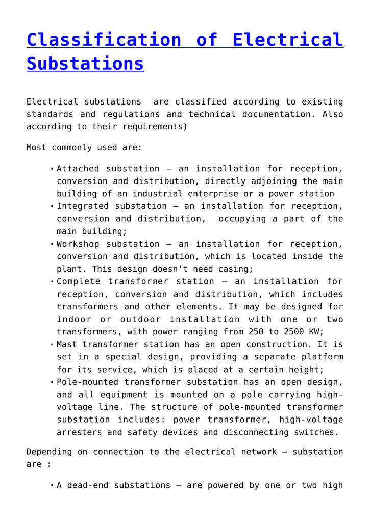 Classification of Electrical Substations