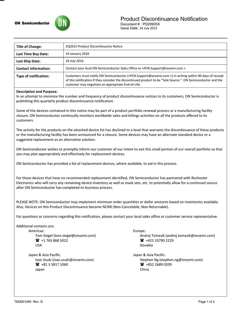Product Discontinuance Notification