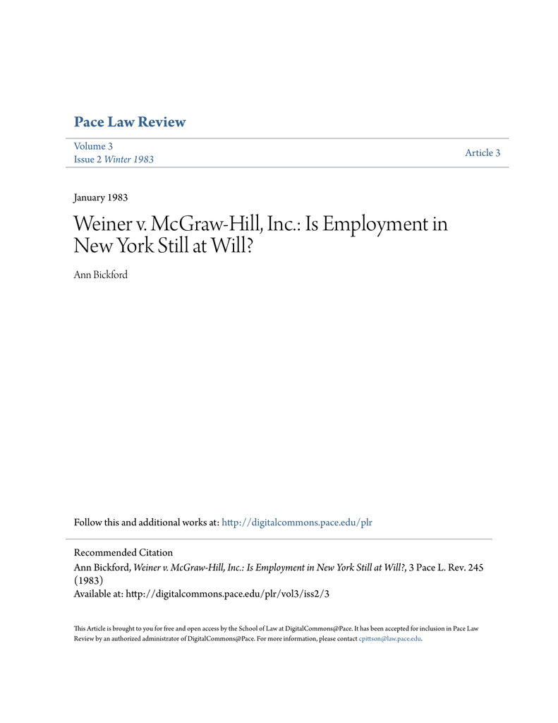 Weiner v. McGrawHill, Inc. Is Employment in New York Still at Will?