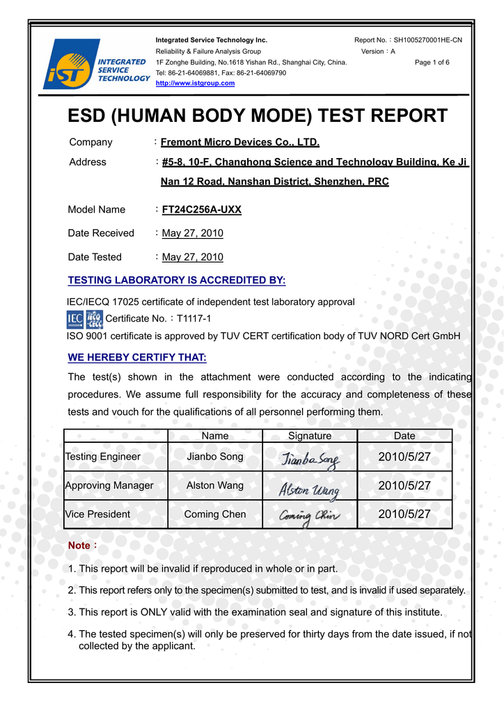 esd (human body mode) test report Fremont Micro Devices (USA) Inc.